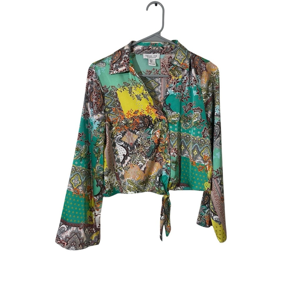 Rachel Zoe Satin Patchwork Cropped Top Button Front Tie Boho Small Western Boxy